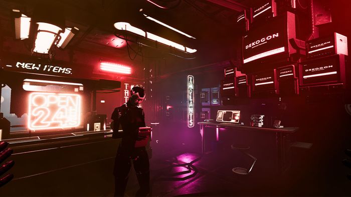 A figure standing in a neon-lit shop in Low-Fi - upcoming VR games 
