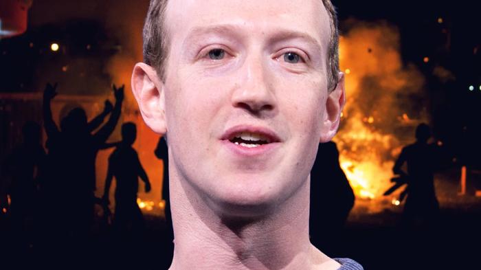 Meta ceo mark Zuckerberg in front of a riot image to suggest the company’s part in inciting violence in Ethiopia. 