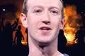 Meta ceo mark Zuckerberg in front of a riot image to suggest the company’s part in inciting violence in Ethiopia. 