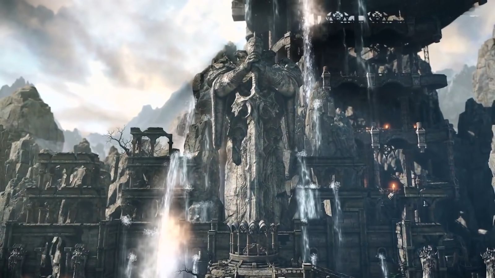 An image of a stone city from Lost Ark, including a huge statue of a Knight