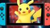 Pikachu from Pokémon popping out of the screen of a Nintendo Switch