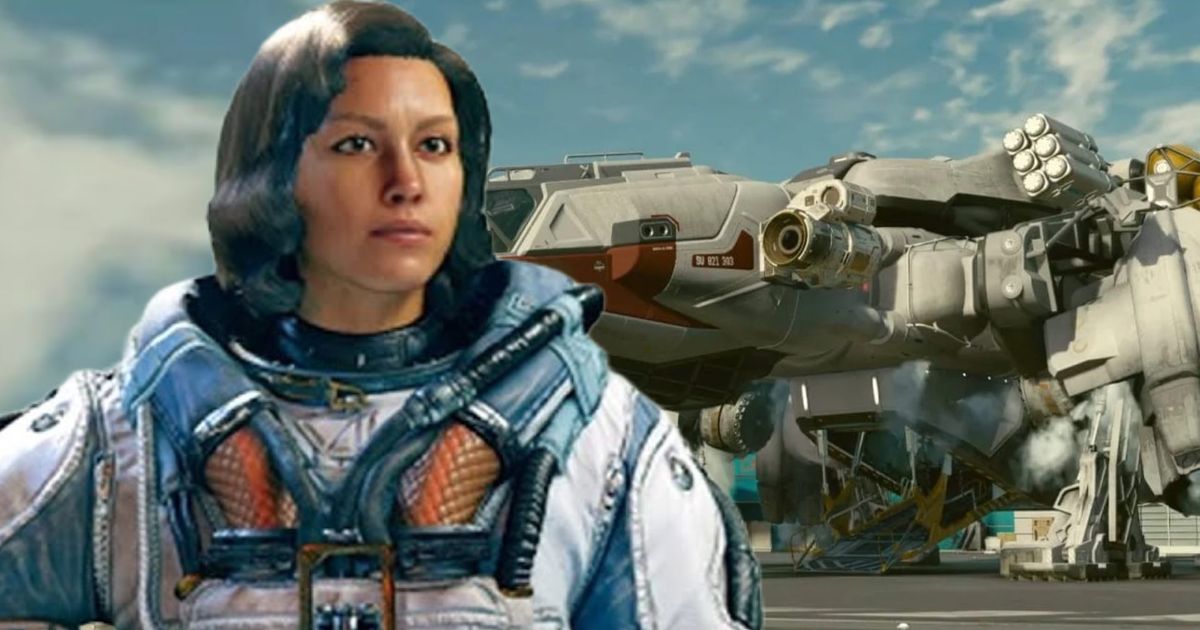 A female star field pilot standing next to a spaceship 