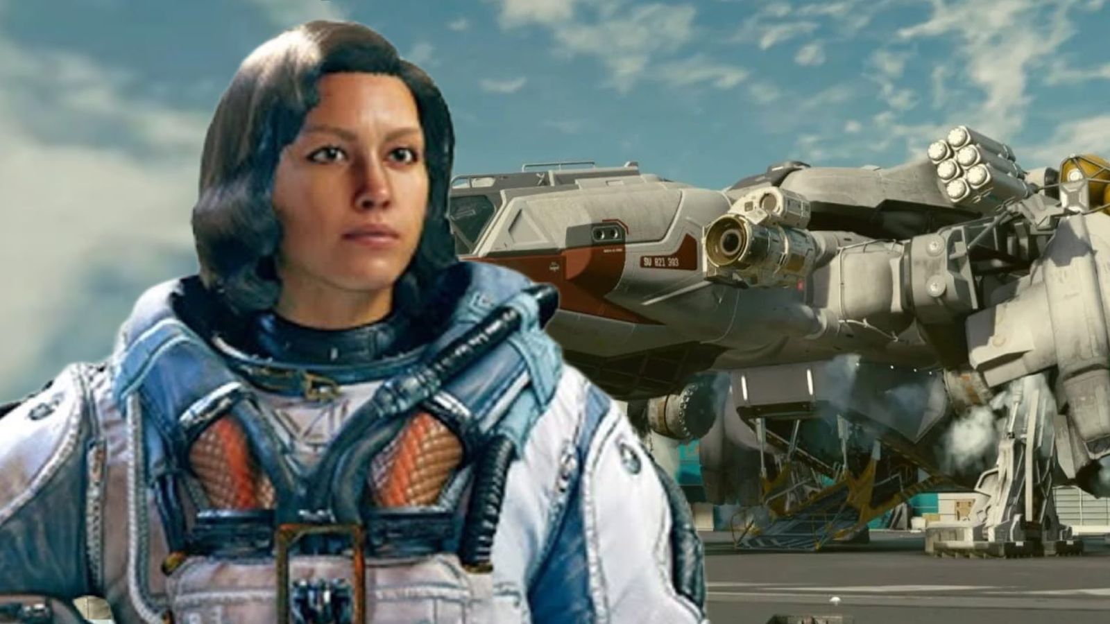 A female star field pilot standing next to a spaceship 