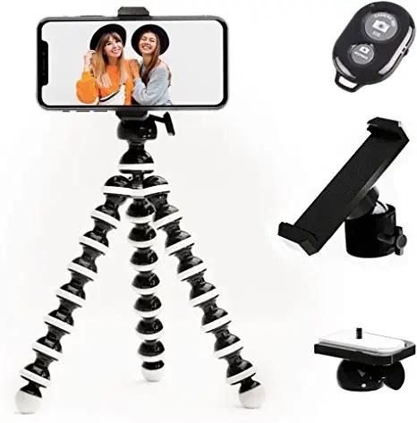 TalkWorks product image of a smartphone attached to a black tripod with white trim.