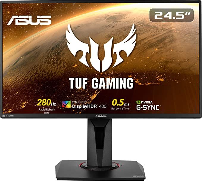 ASUS TUF Gaming VG258QM product image of a tall, black monitor with an orange planet on the display along with TUF Gaming branding in white.