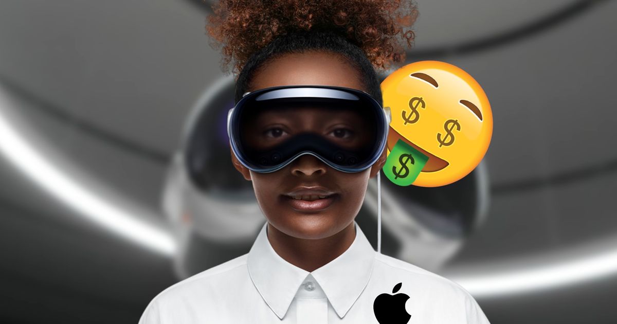Apple Vision Pro on a woman in press image in front of a money emoji