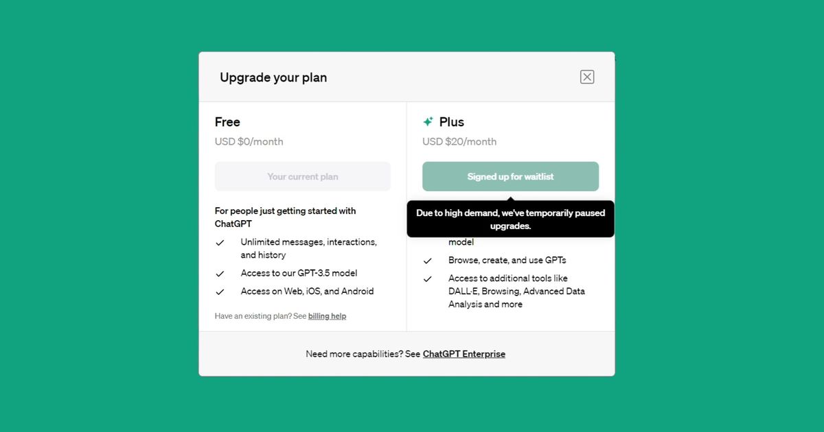 ChatGPT Plus waitlist - An image of the ChatGPT Plus subscription interface