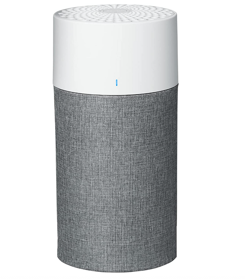 Blueair 411 Auto product image of a grey and white cylindrical air purifier.