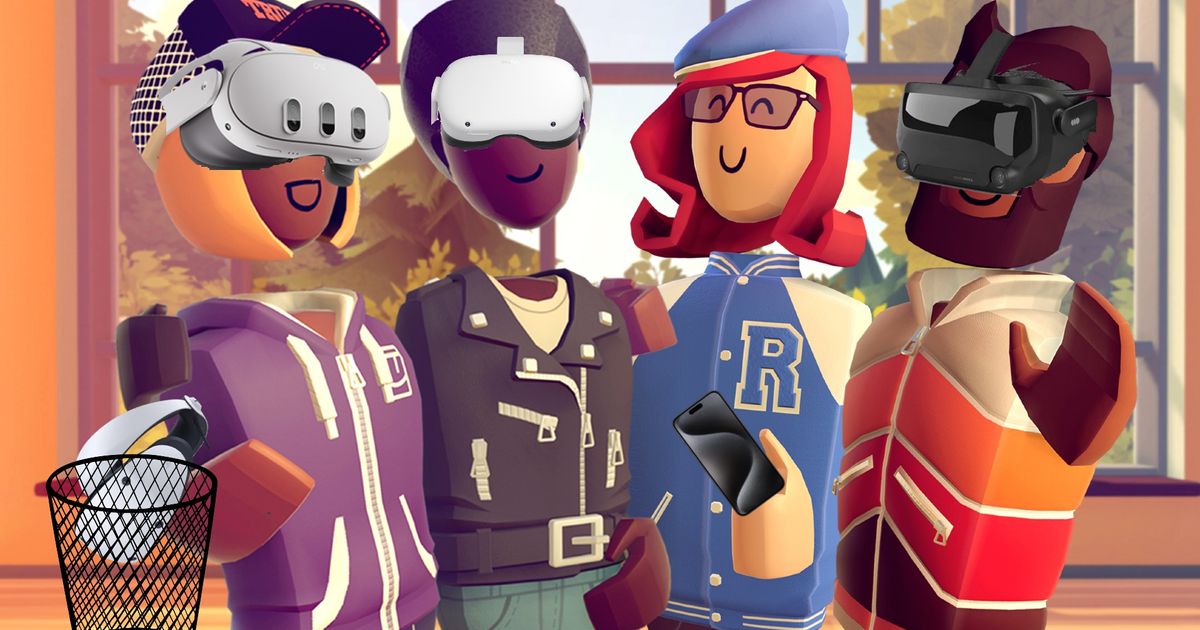 Rec Room characters with VR headsets and phones, with PSVR 2 in the bin