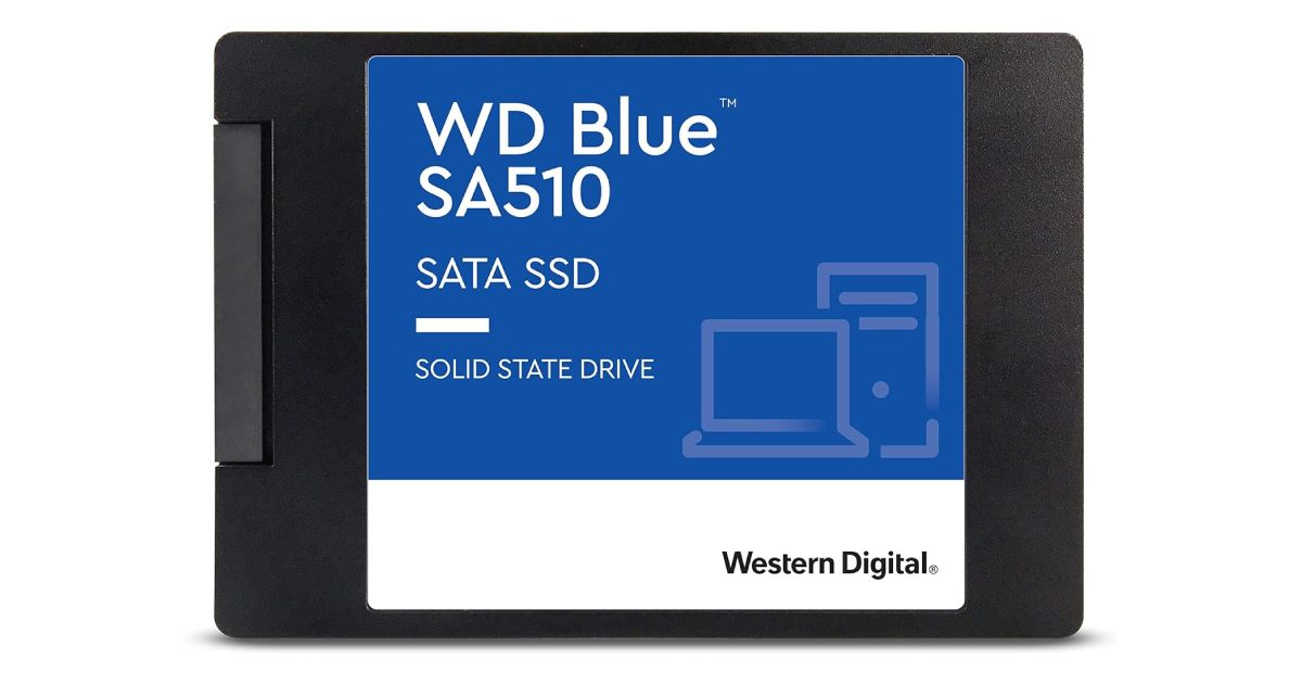 Western Digital WDS100T3B0A product image of a black, square-shaped SSD with a blue label on top featuring white branding.