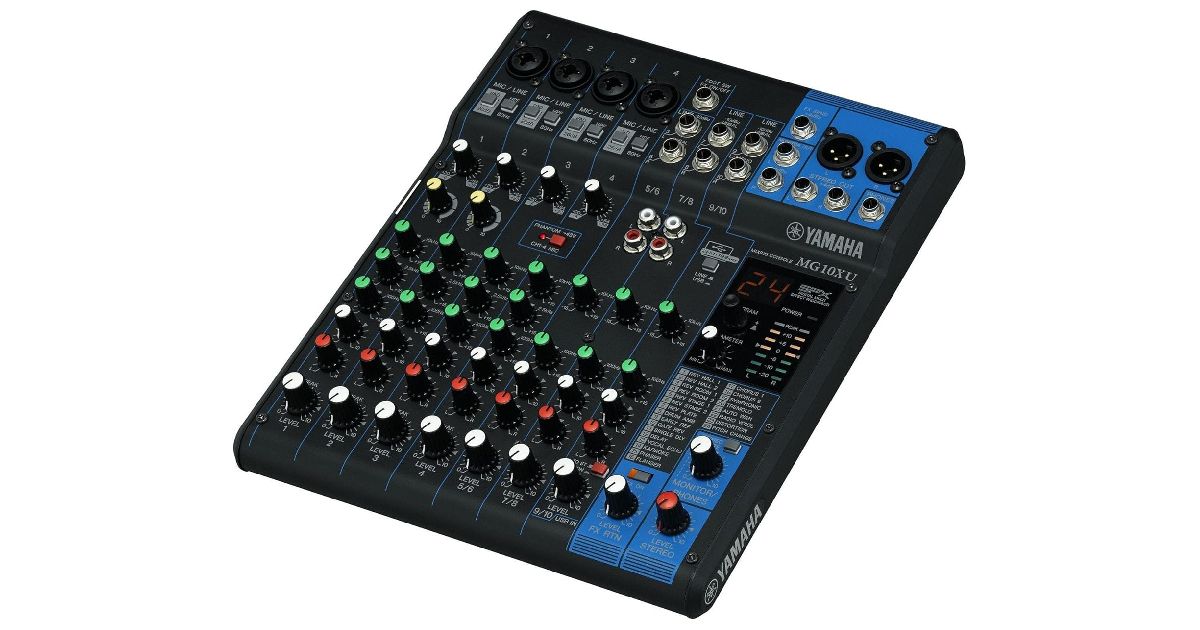 A black audio mixer featuring red, green, and white dials along with blue trim.