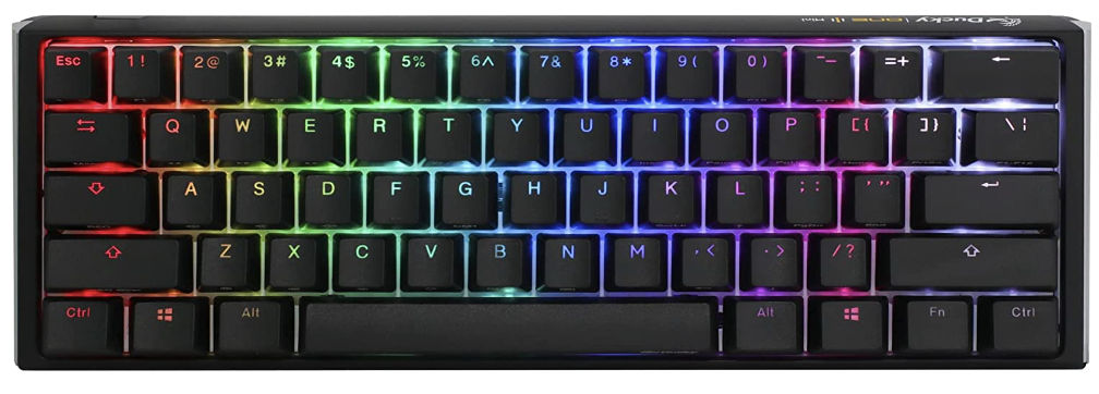 Ducky One 3 Mini product image of a compact, black, tenkeyless keyboard featruing multicoloured backlit keys.