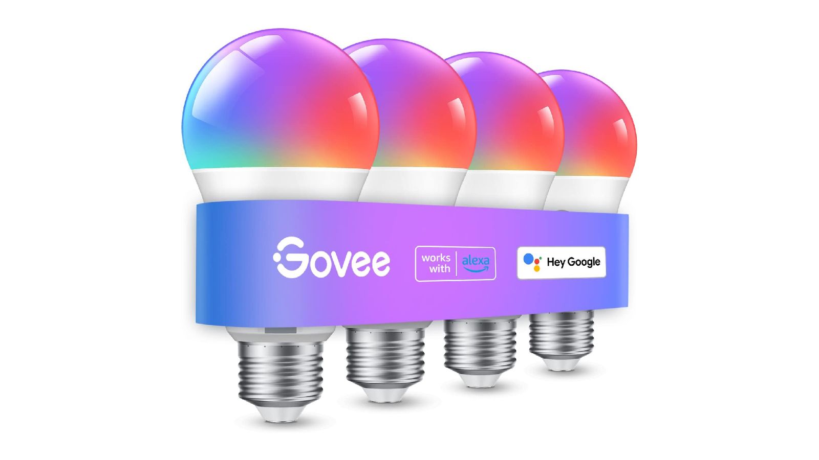 Govee Smart Bulbs product image of four bulbs in a row emitting purple, blue, and orange light.