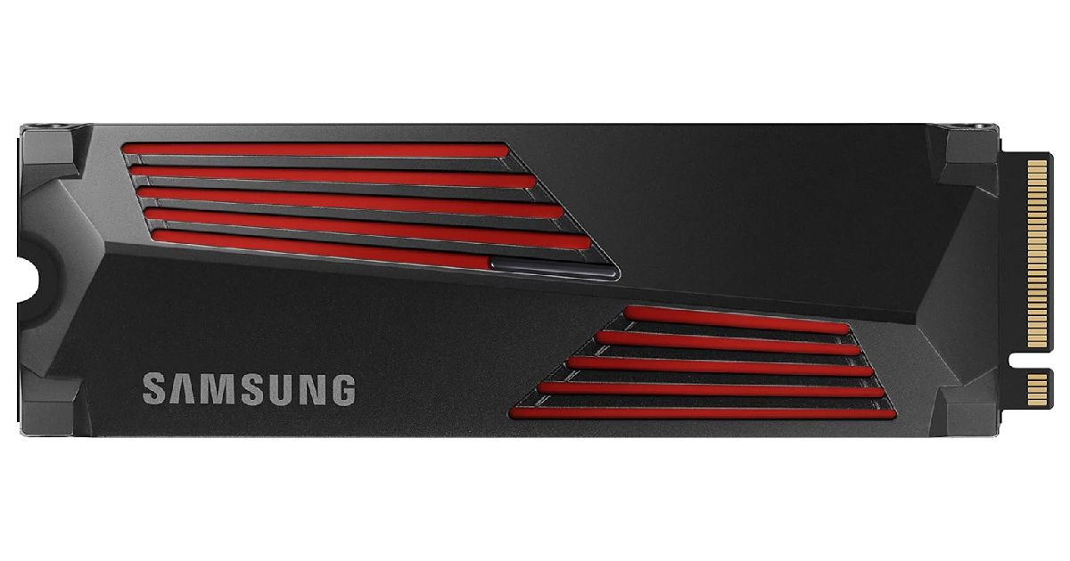 Samsung 990 PRO product image of a black SSD with red stripes along it and grey Samsung branding on the front.
