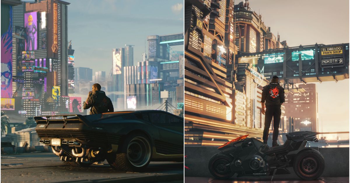 Cyberpunk 2077 V standing next to car and bike with Night City in background