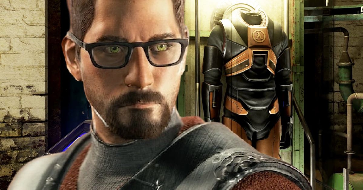 Gordon Freeman render on top of an image of the Half-Life 2 RTX remake HAVC suit 