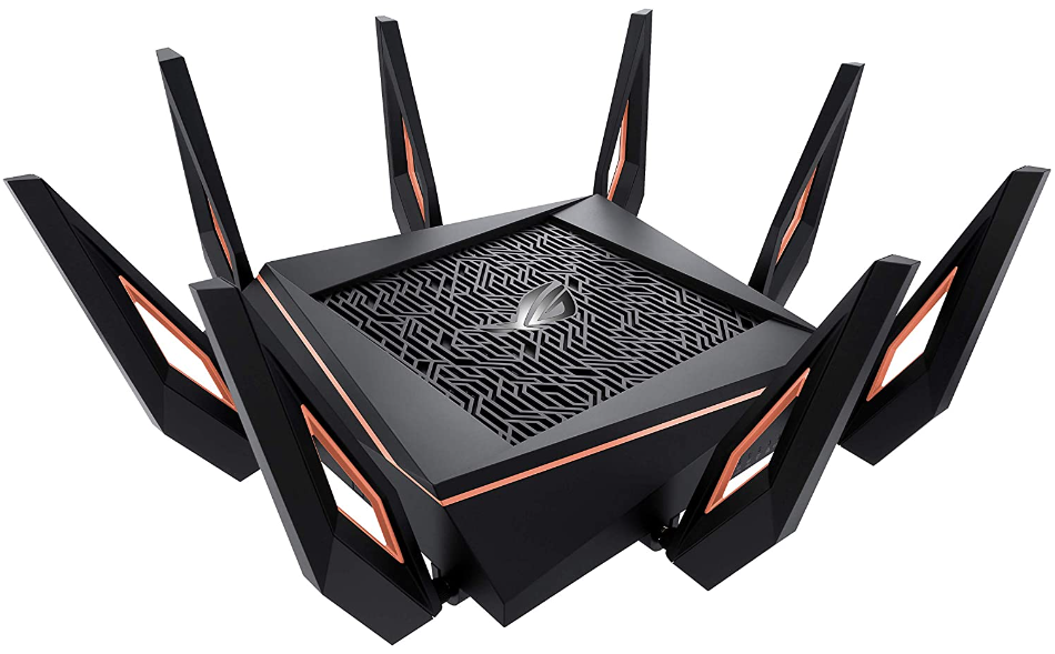 ASUS ROG Rapture GT-AX11000 product image of a black, square-shaped router with eight antenna sticking out the sides featuring orange accents.