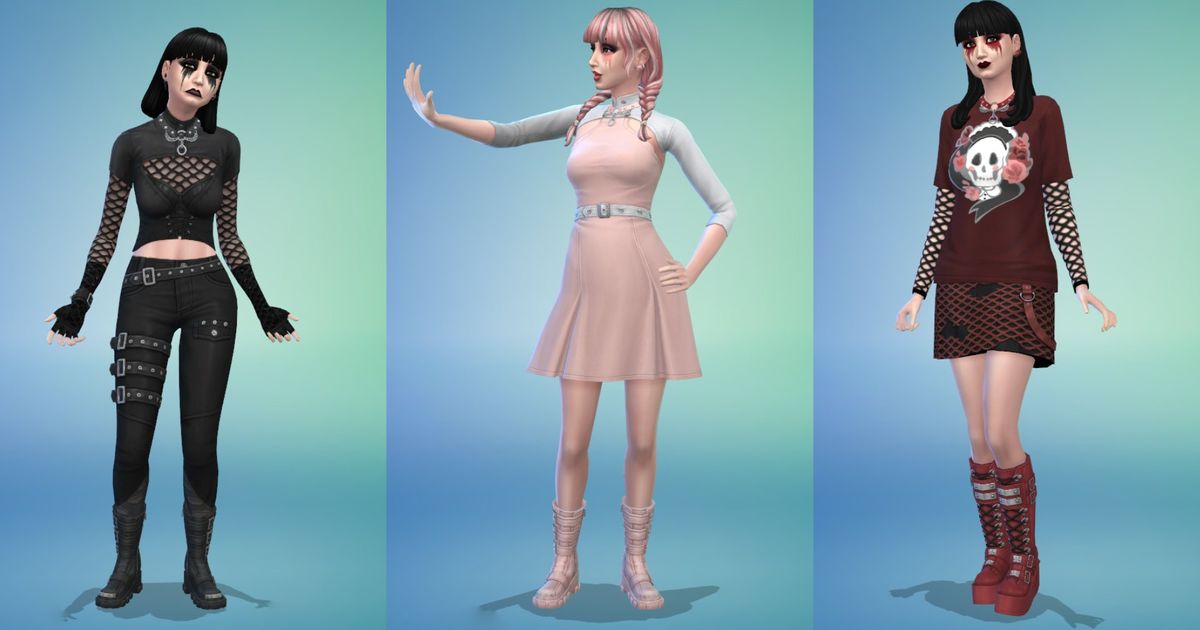 Three Sims 4 Goth Galore created characters standing in a blue room