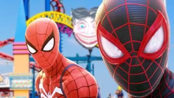 Spider-Man 2 PS5 Peter Parker and Miles Morales sitting in front of the Coney Island Theme Park 