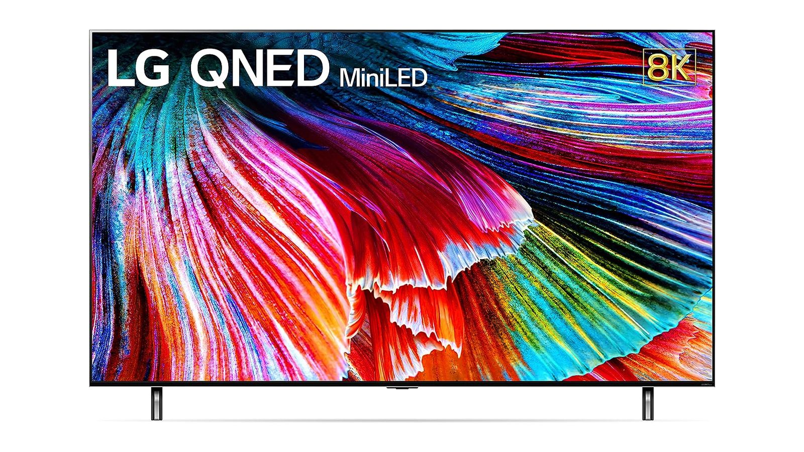 LG 65QNED99UPA product image of a black flatscreen TV with a multicoloured red, purple, blue, orange, and pink pattern on the display.