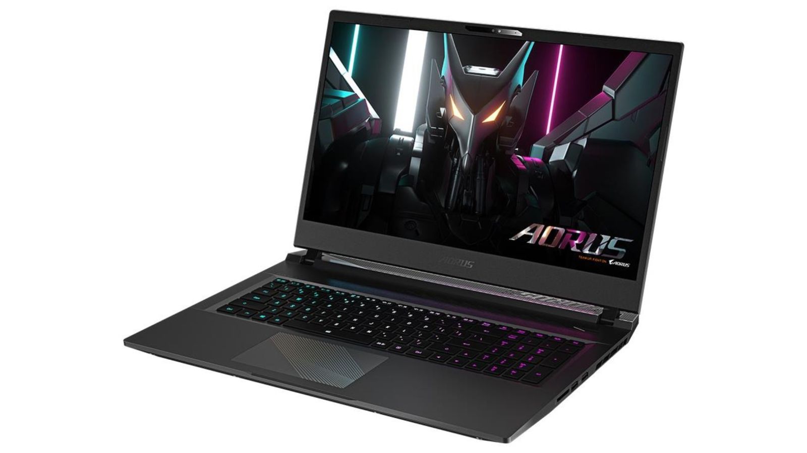 Best Diablo 4 gaming laptop - Gigabyte AORUS 17 product image of a black laptop with purple and blue backlit keys and a mechanical animal on the display.