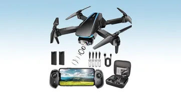 A black mini drone with blue trim surrounded by all its accessories and sat in front of a white and light blue gradient background.