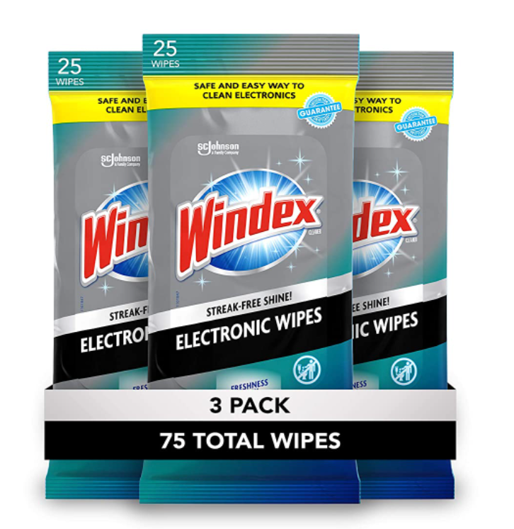 Windex product image of three black, grey, and yellow packets of whipes with red and blue branding.