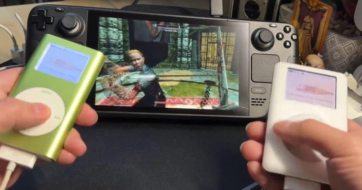 A PoV shot of someone playing Skyrim on a Steam Deck using two iPods as controllers 