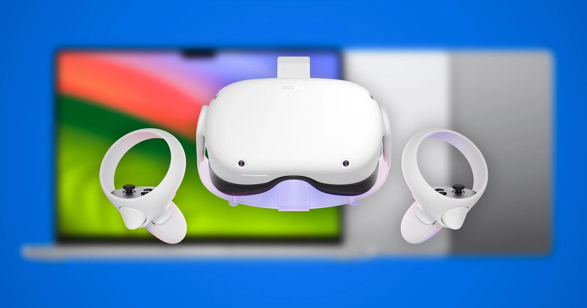 How to connect Oculus Quest 2 to Apple Mac or MacBook - An image of the Meta Quest 2 headset and controllers with Macs in background