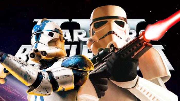 A clone trooper and a stormtrooper firing blasters on top of a background of the Star Wars Battlefront 3 logo