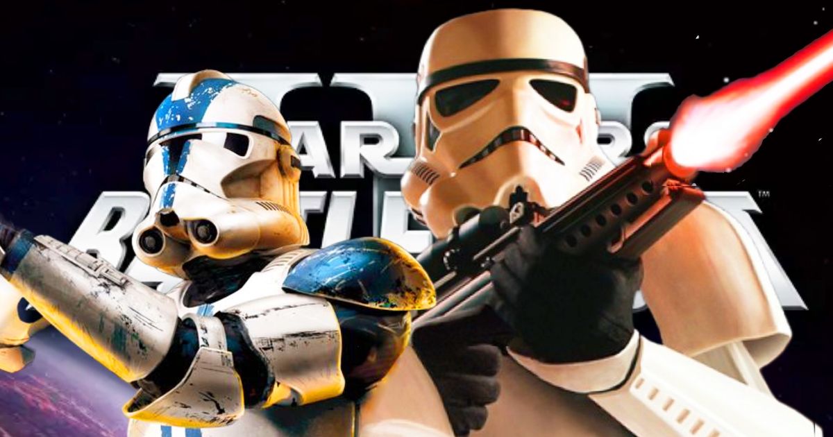 A clone trooper and a stormtrooper firing blasters on top of a background of the Star Wars Battlefront 3 logo