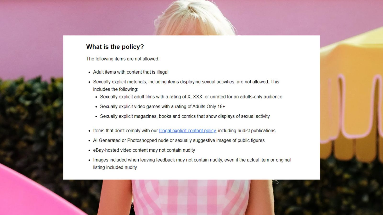 eBay's Adult Item Policy in front of an image of Margot Robbie from Barbie