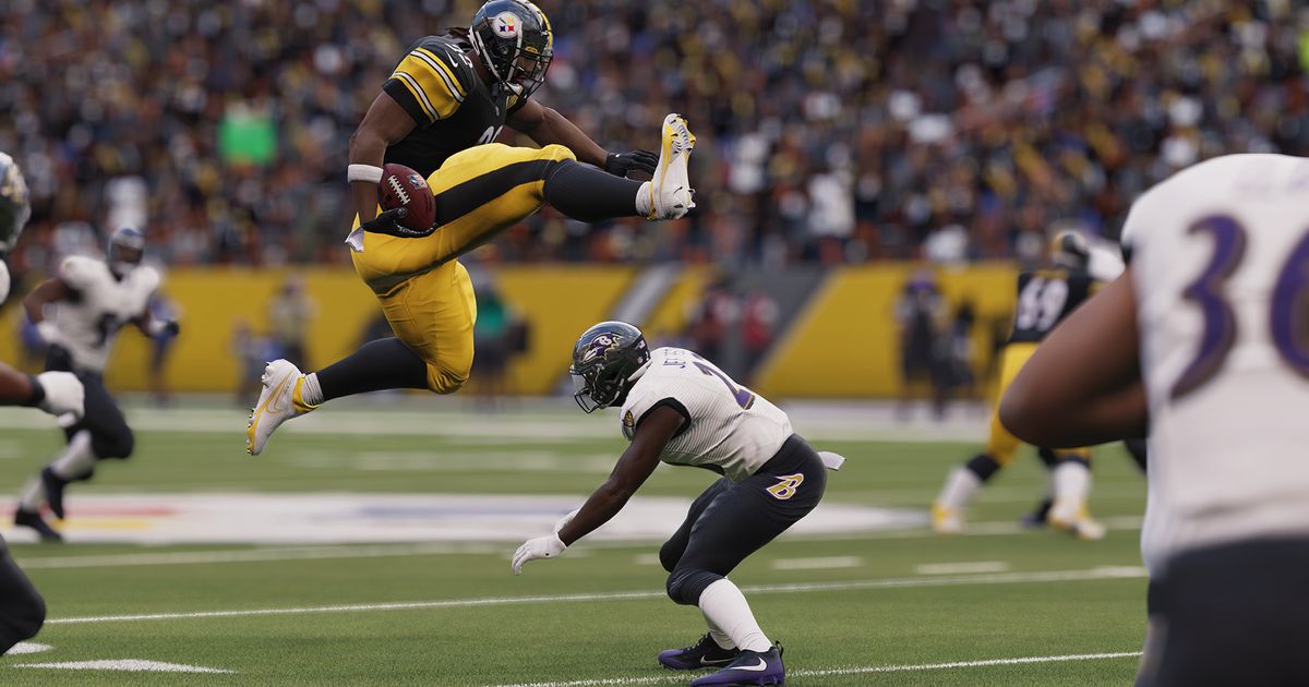 Madden 23 football player jumping over another.