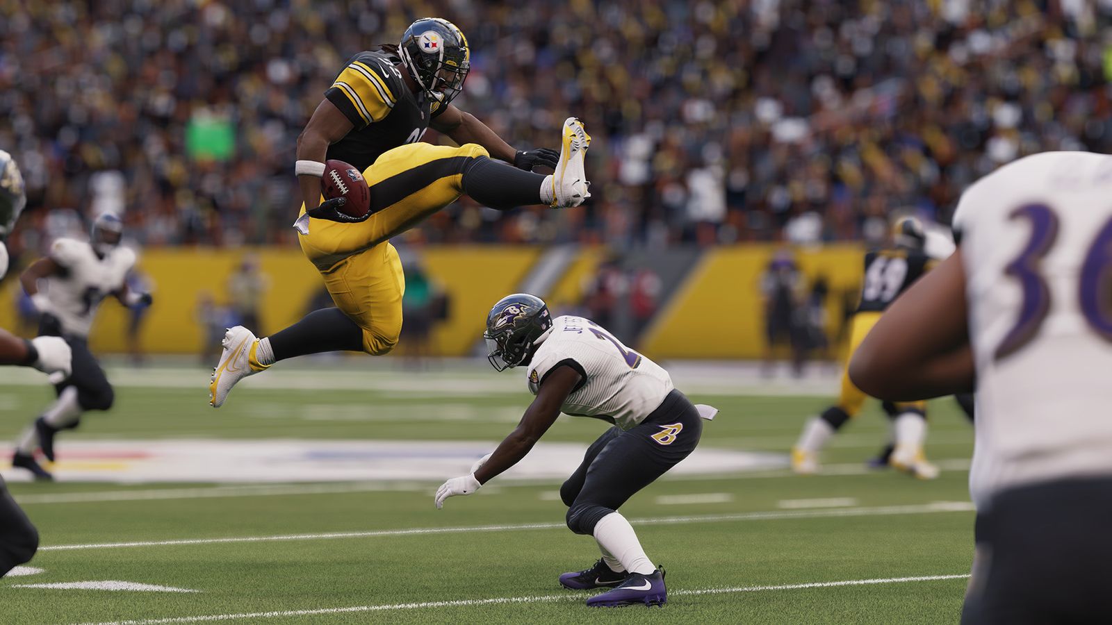 Madden 23 football player jumping over another.