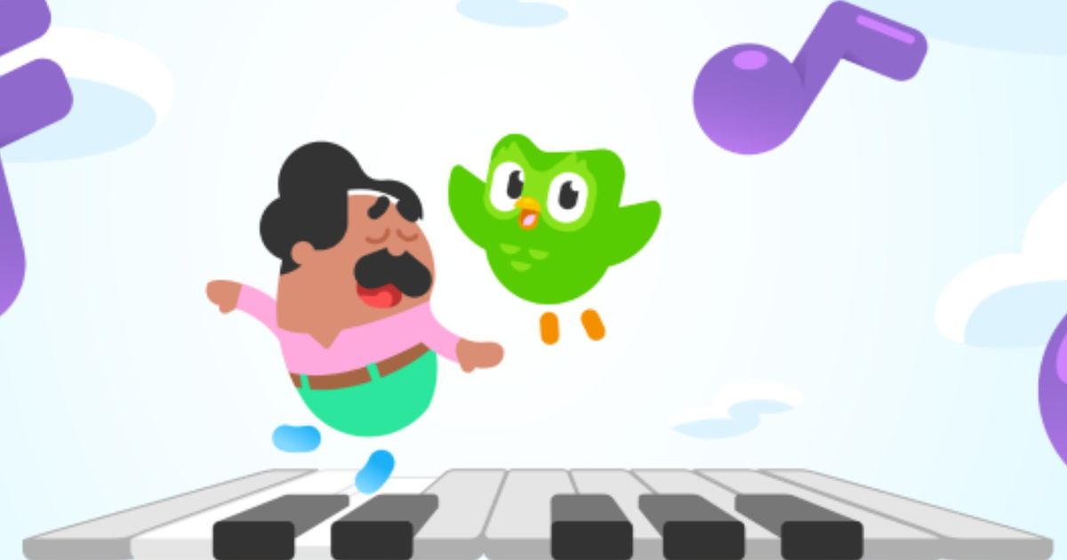 get Duolingo Music - An image of the Duolingo mascot owl and a piano