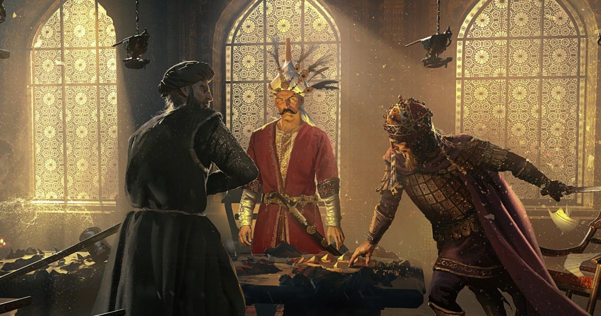 Concept art from Europa Universalis 4's King of Kings DLC, showing three men around a table, apparently scheming.