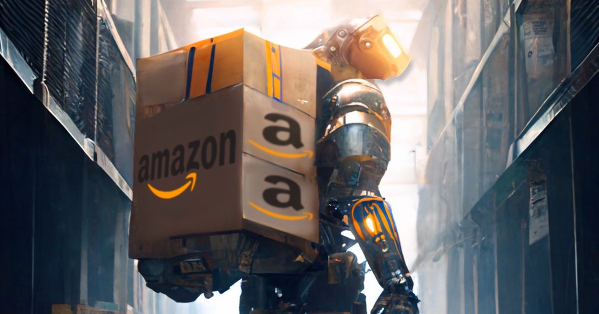An Amazon robot workers holding boxes on its back in a dystopian warehouse