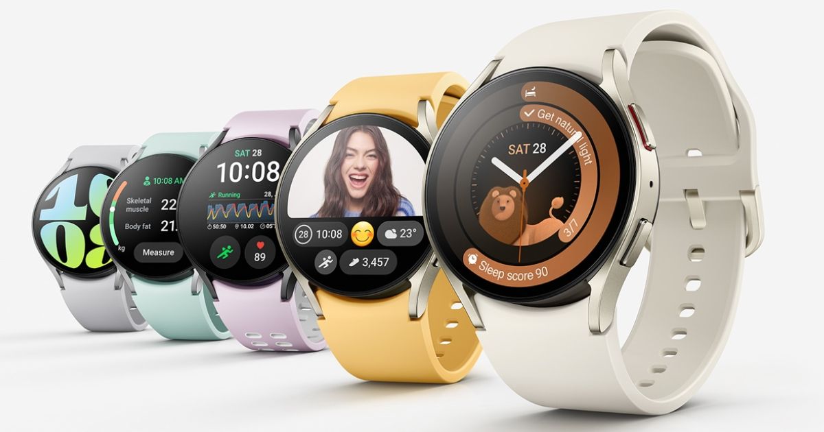 Five Samsung Galaxy Watch 6s in a row ranging from grey, mint, pink, orange, and cream.
