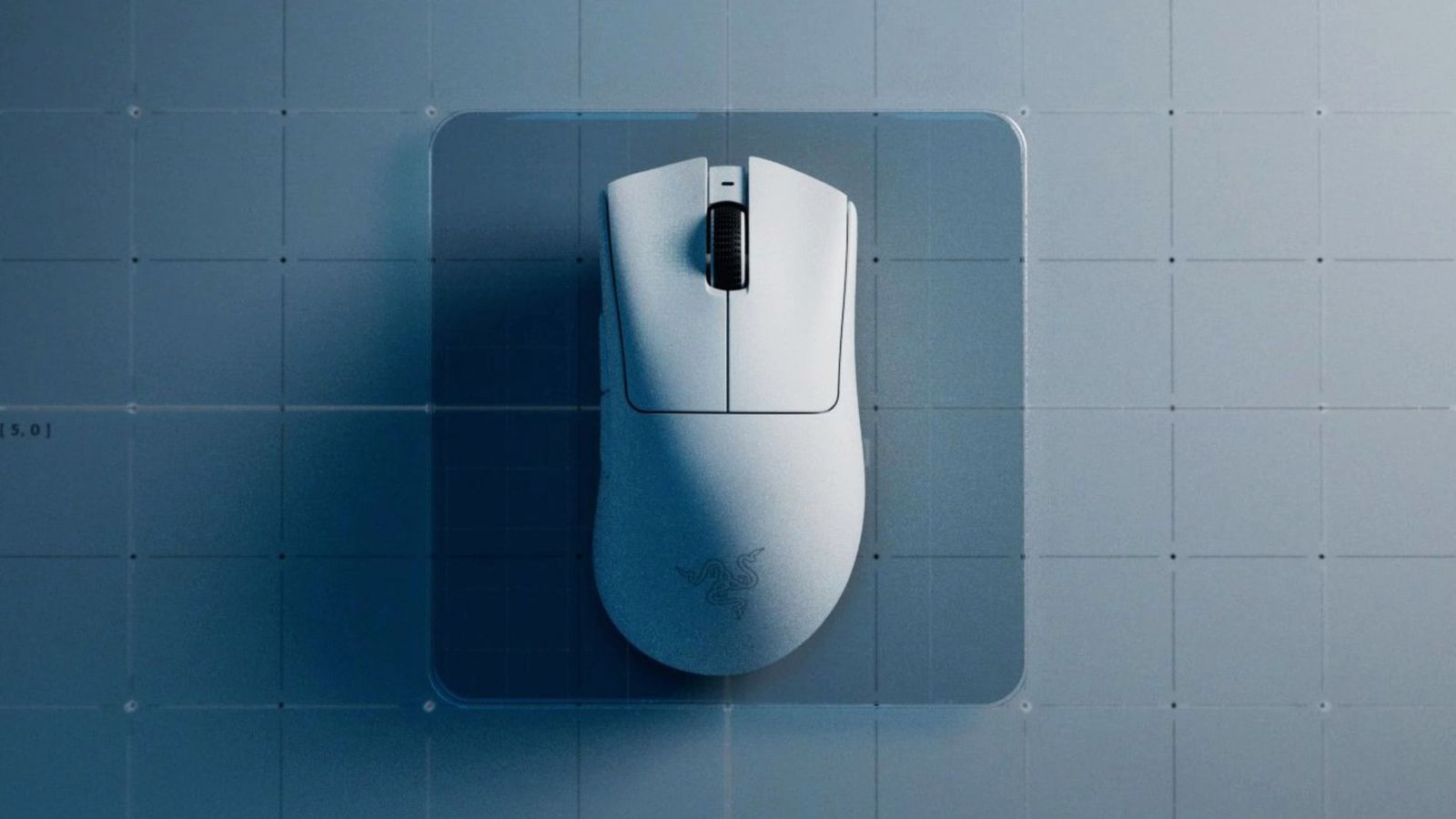 Image of a white wireless Razer mouse on a gridded, grey backdrop.