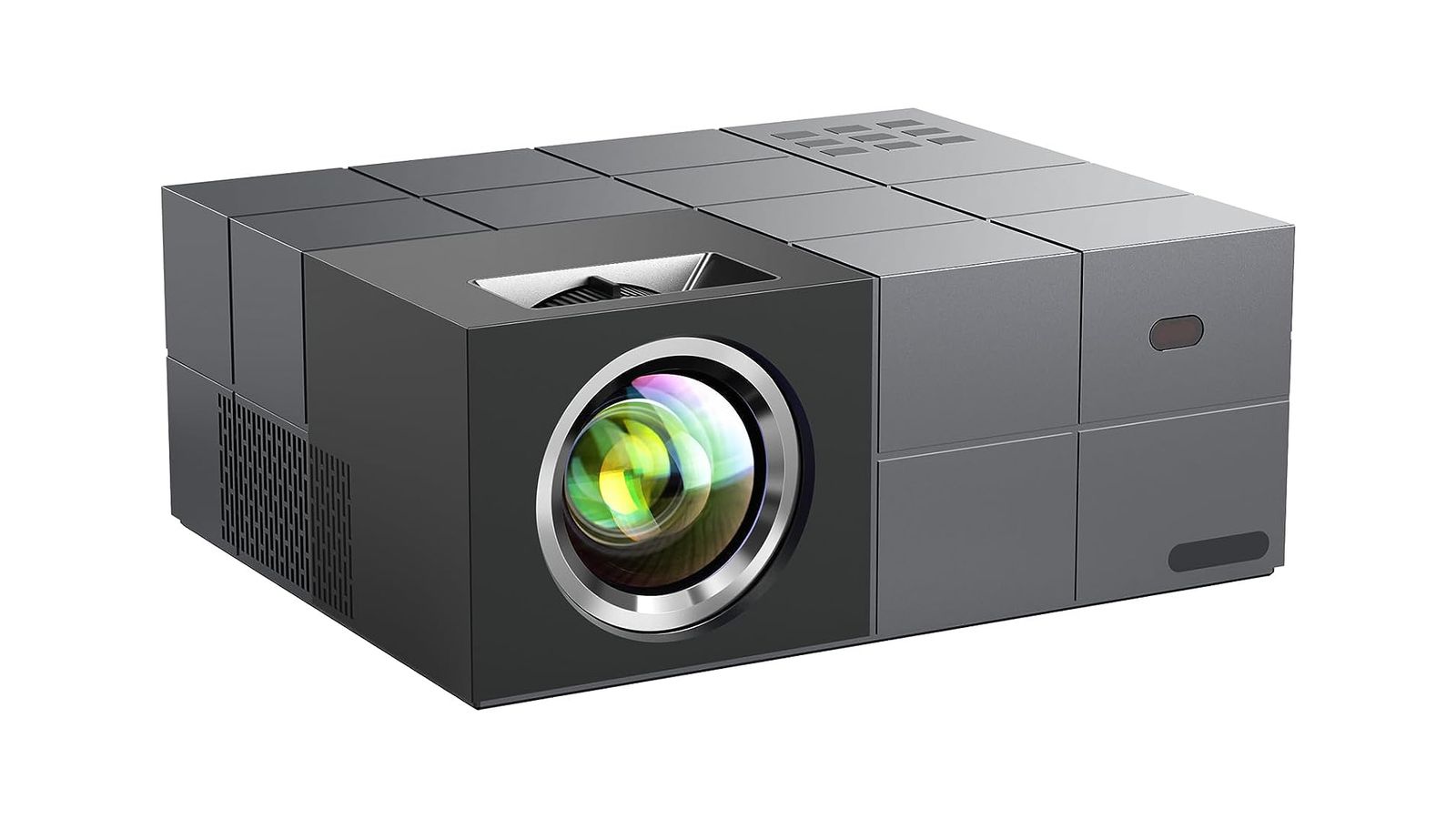 YOWHICK GDP1G product image of a grey box-shaped projector with the lens on the right side.