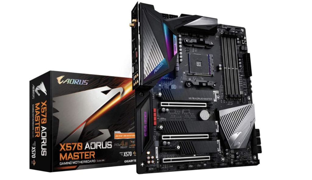 GIGABYTE X570 AORUS Master product image of a black motherboard with grey, blue, and purple details next to its box.