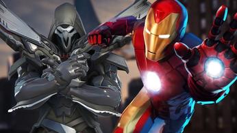 Iron Man aiming his hand next to Reaper from Overwatch holding his guns