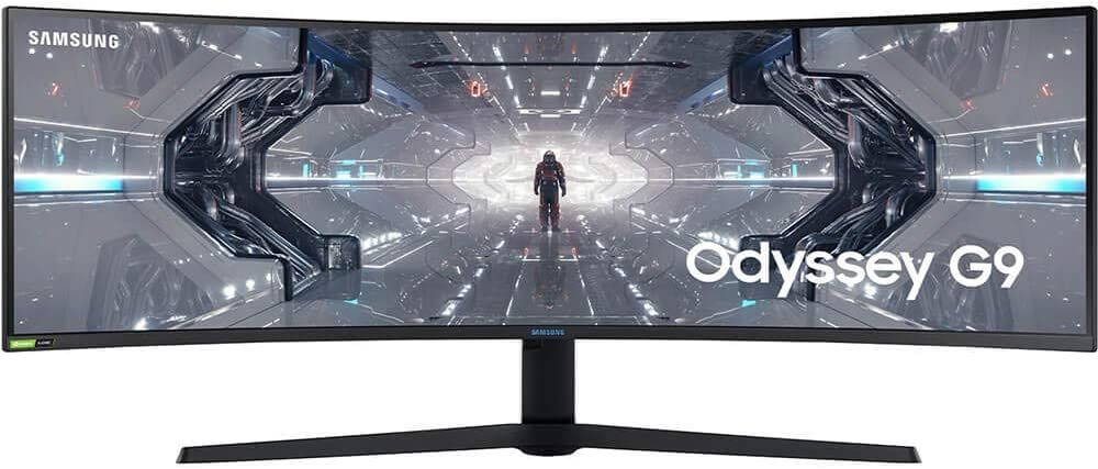 Samsung Odyssey G9 product image of an ultrawide, black monitor with a Sci-Fi walkway with someone walking down the centre on the display.