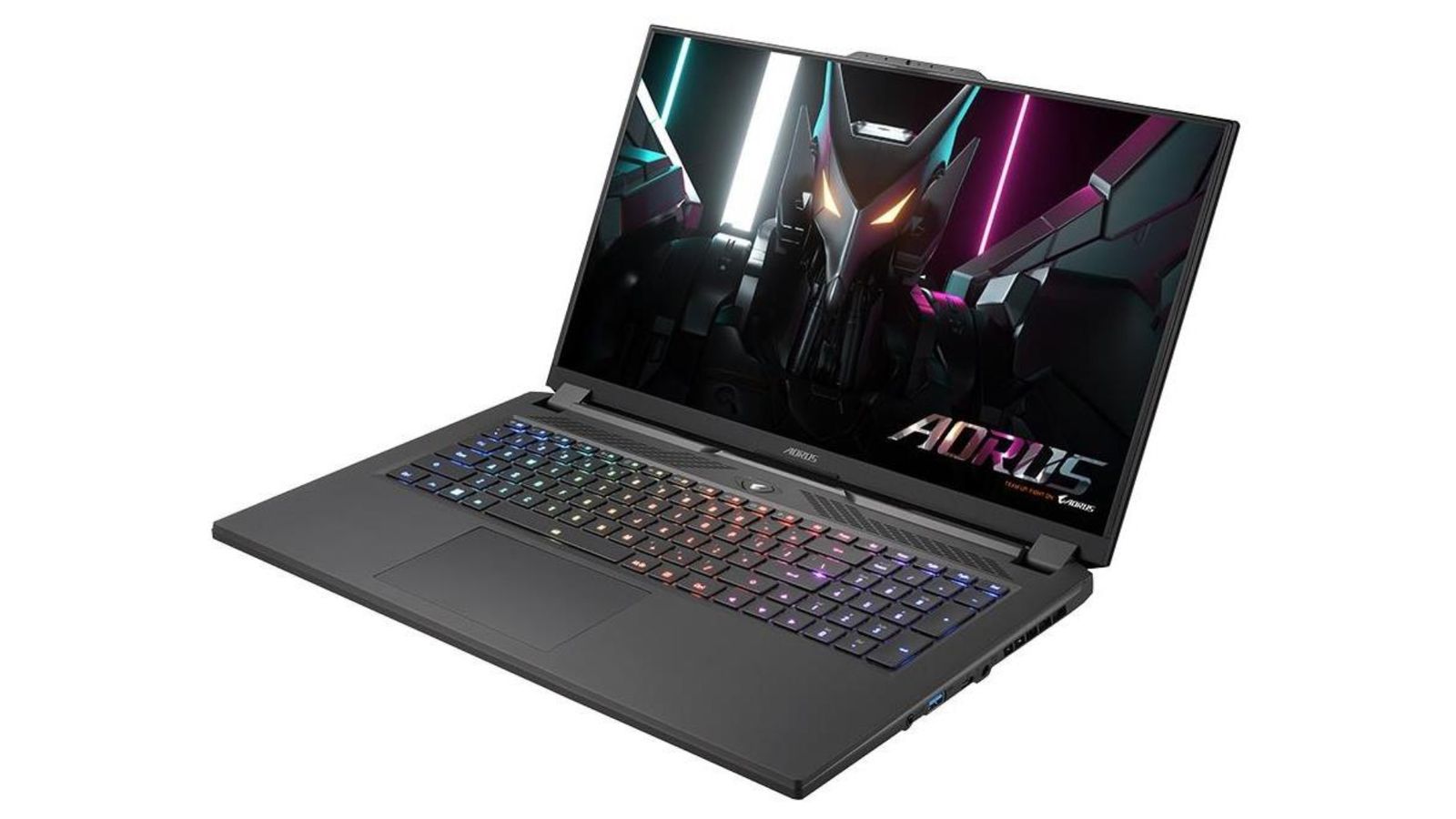 Best Dead Island 2 gaming laptop - Gigabyte AORUS 17H product image of a dark grey laptop featuring multicoloured backlit keys and a mechanical animal on the display.