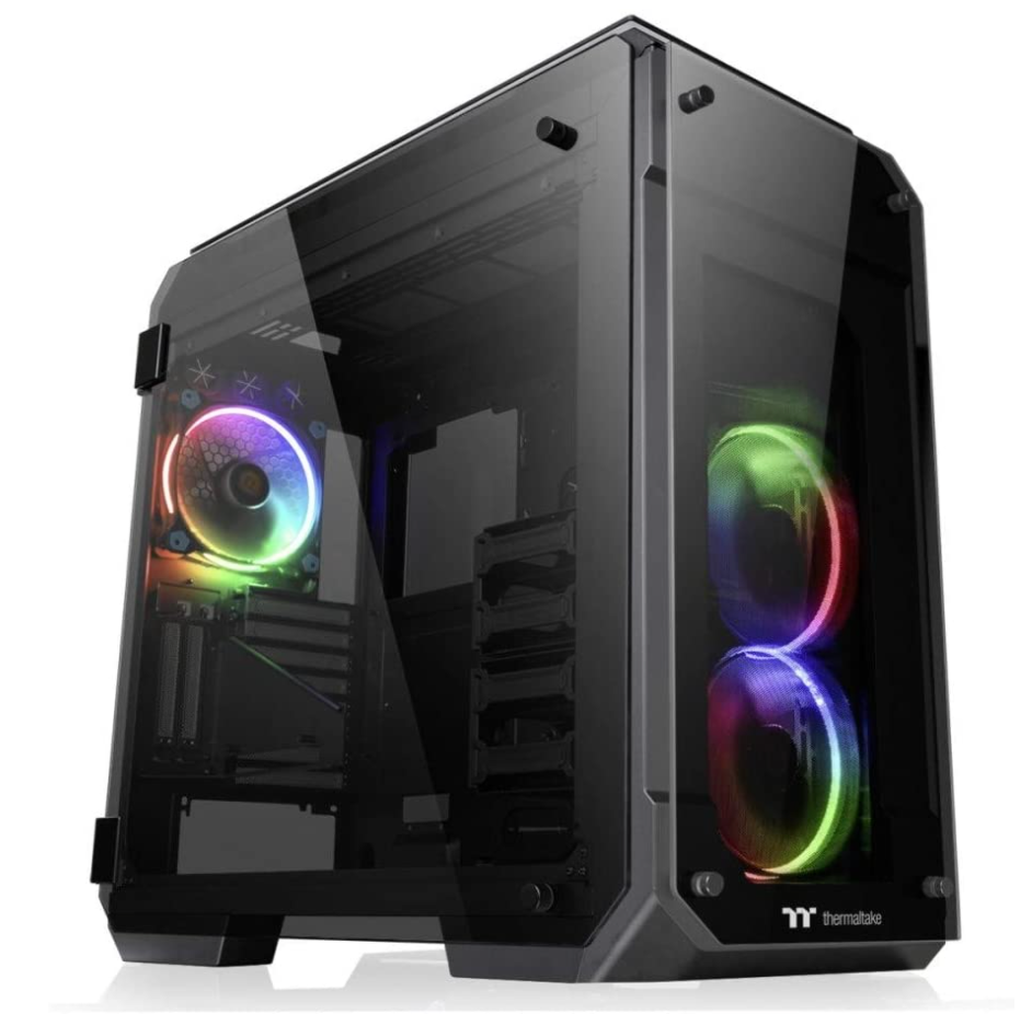 Thermaltake View 71 product image of a black PC with multicoloured components inside.