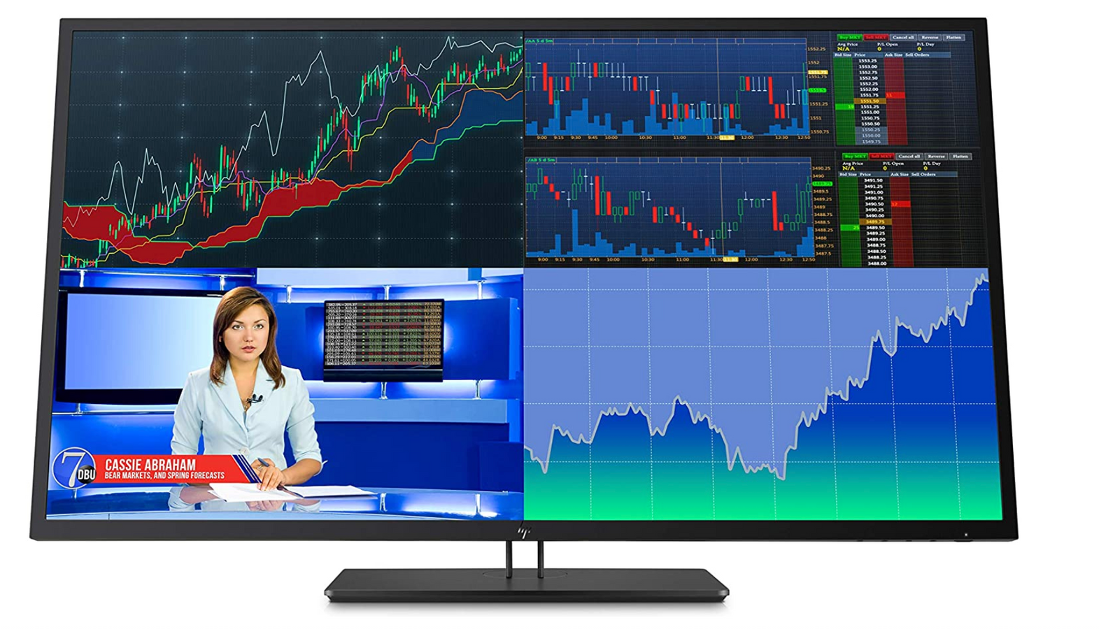 HP Z43 product image of a wide black monitor with three graphs and the news on the display.