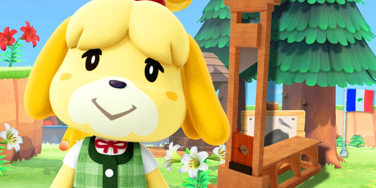 An image of Isabelle from Animal Crossing next to a low-poly guillotine to signify French gamers continuing their protests against the Retirement Age changes in France 