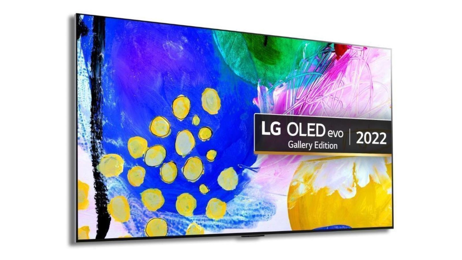 Best TV brands - LG G2 OLED product image of a flatscreen TV featuring a yellow, blue, pink, and green painted pattern on the display.