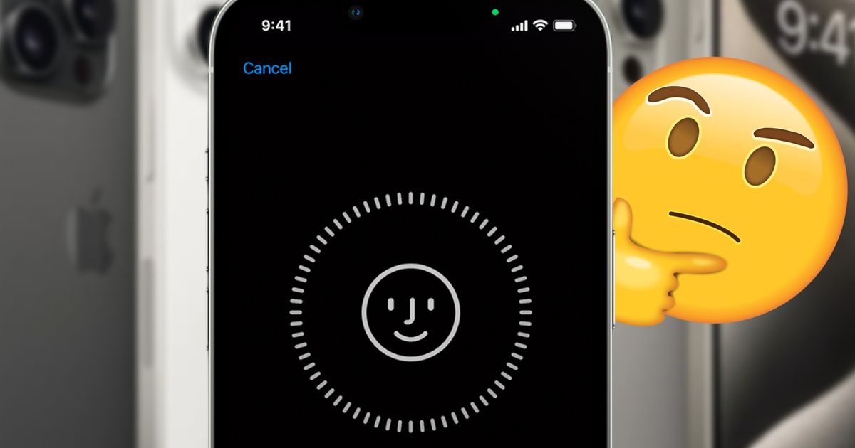 iPhone Face ID set up screen in front of an iPhone 15 line up and a thinking emoji