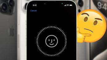 iPhone Face ID set up screen in front of an iPhone 15 line up and a thinking emoji